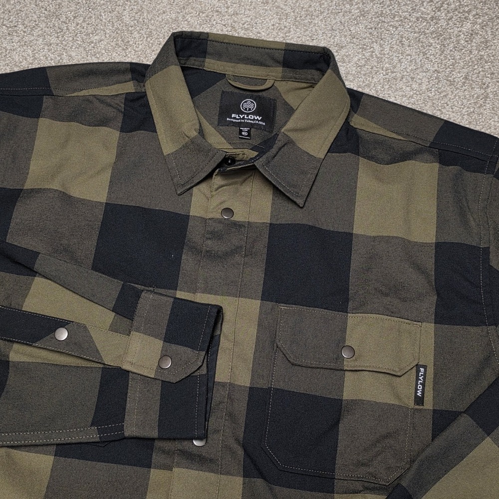 Flylow Handlebar Tech Flannel Shirt Men's XL Green Plaid Snap Button Long Sleeve